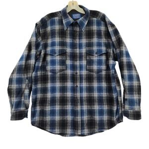 Vtg Pendleton Outdoorsman Button Up Shirt L Men Wool Plaid Blue‎ Black USA READ